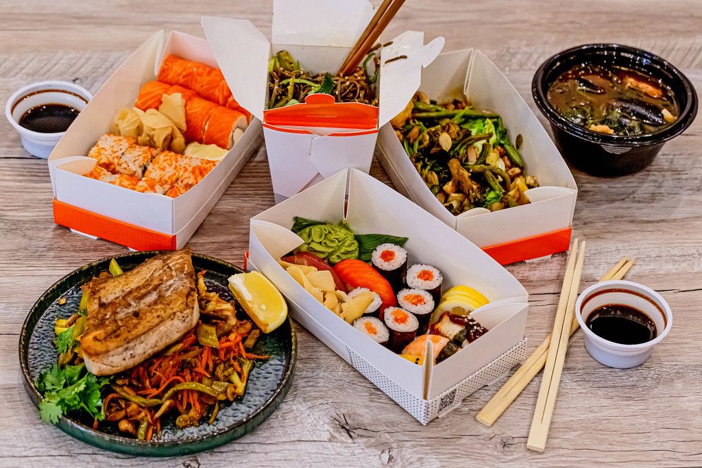 Fresh Asian food on a wooden table
