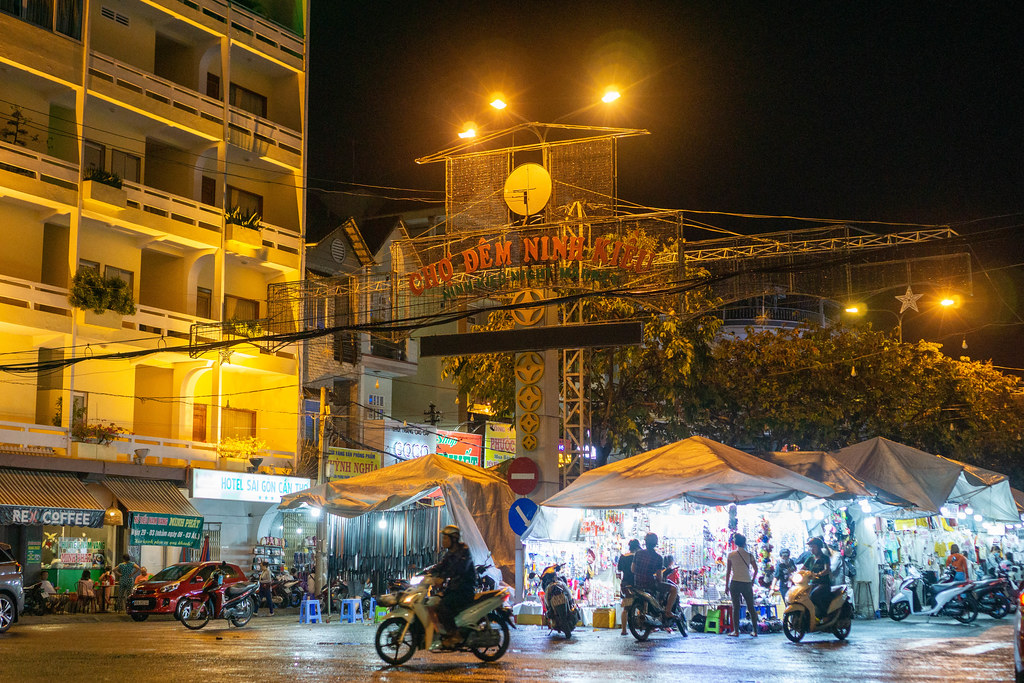 Gate of Ninh Kieu Street Night Market with many Clothing Shops and Food Stalls in the City Center of Can Tho, Vietnam