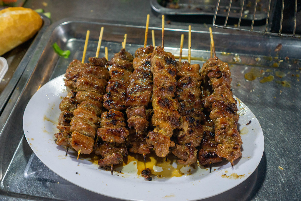 Grilled Pork Skewers with Lemongrass and Chili at a Street Food Stall on Phu Quoc Island, Vietnam