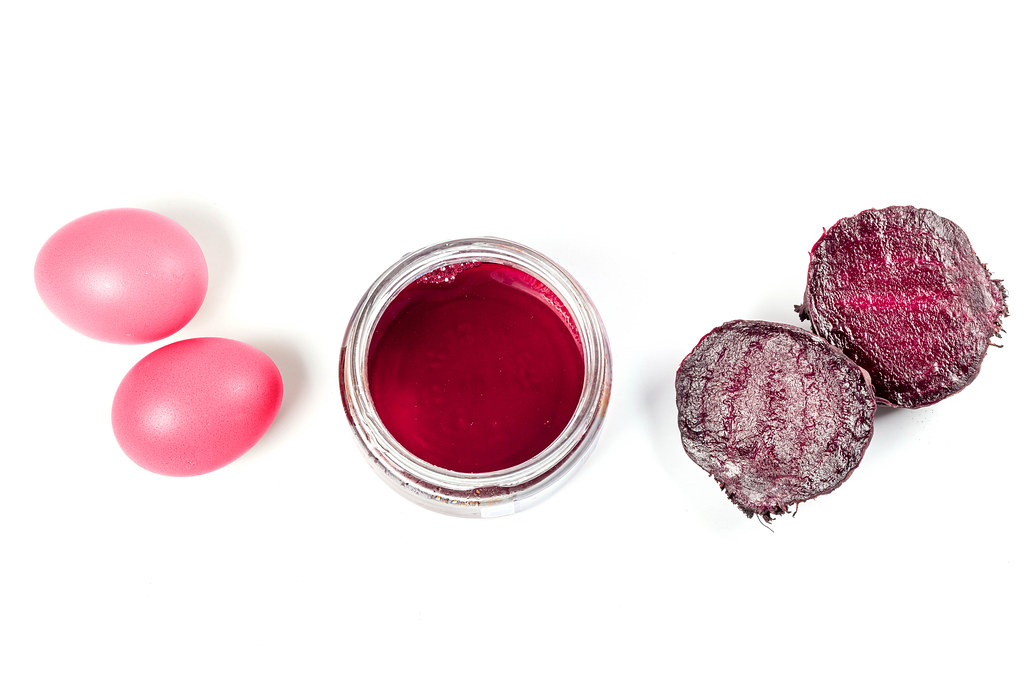 Homemade naturally dyed easter eggs with beetroot