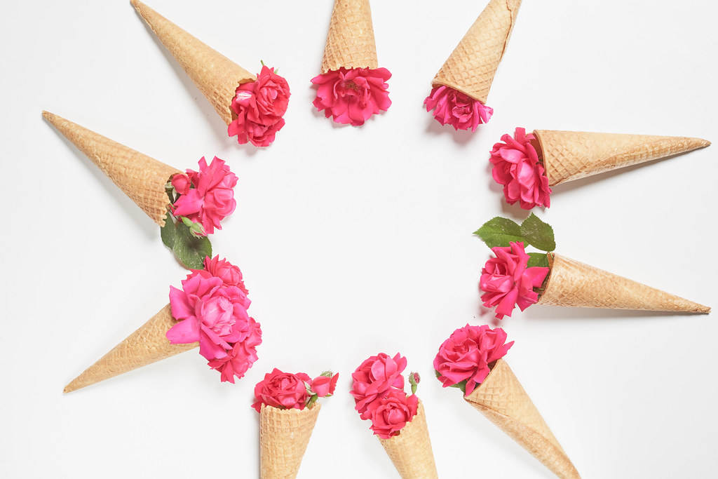 Ice cream cones with beautiful flowers