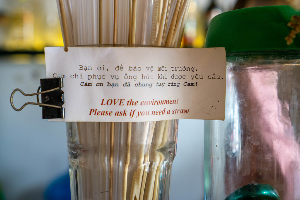 Love the environment note on a Cocktail Glass with many Plastic Straws in a Cafe in Saigon, Vietnam