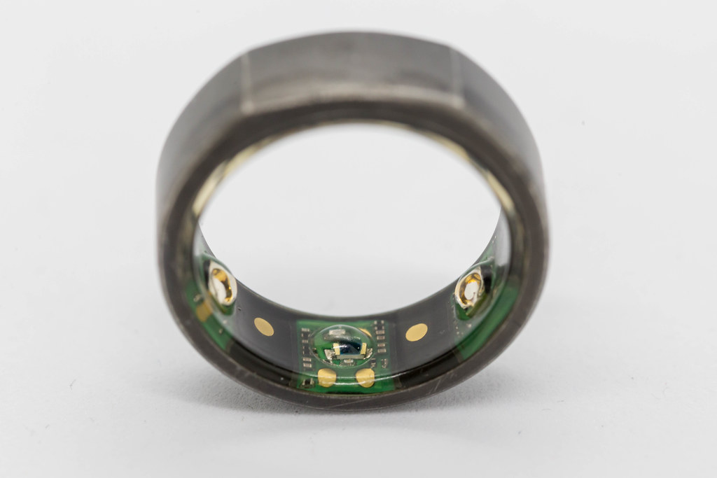 Macro image of sleep and activity tracker Oura Ring, which collects health information through sensors