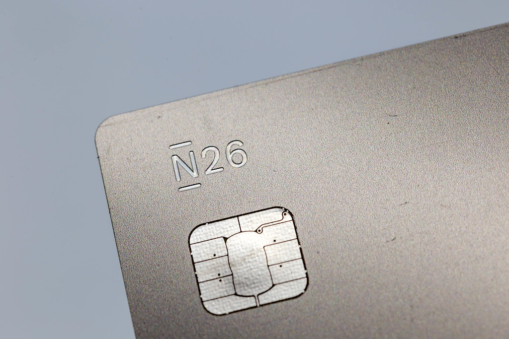 Macro photography: close-up of the chip of a simple silver N26 bank card