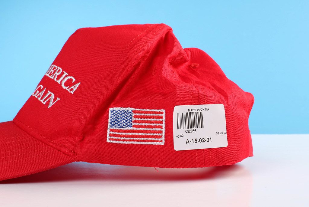 Make America Great Again Hat with American flag and Made in China sticker