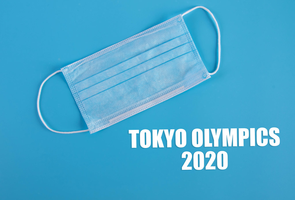 Medical face mask with Tokyo Olympics 2020 text on blue background