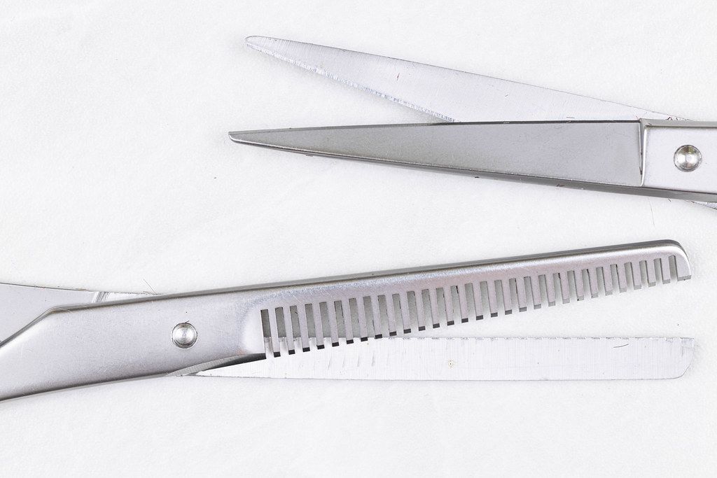 Metal Haircut Scissors above white background