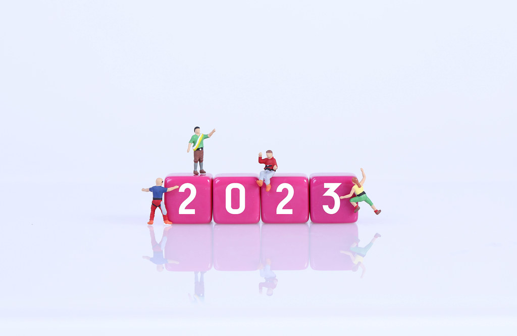 Miniature climbers on pink blocks with 2023 text on white background