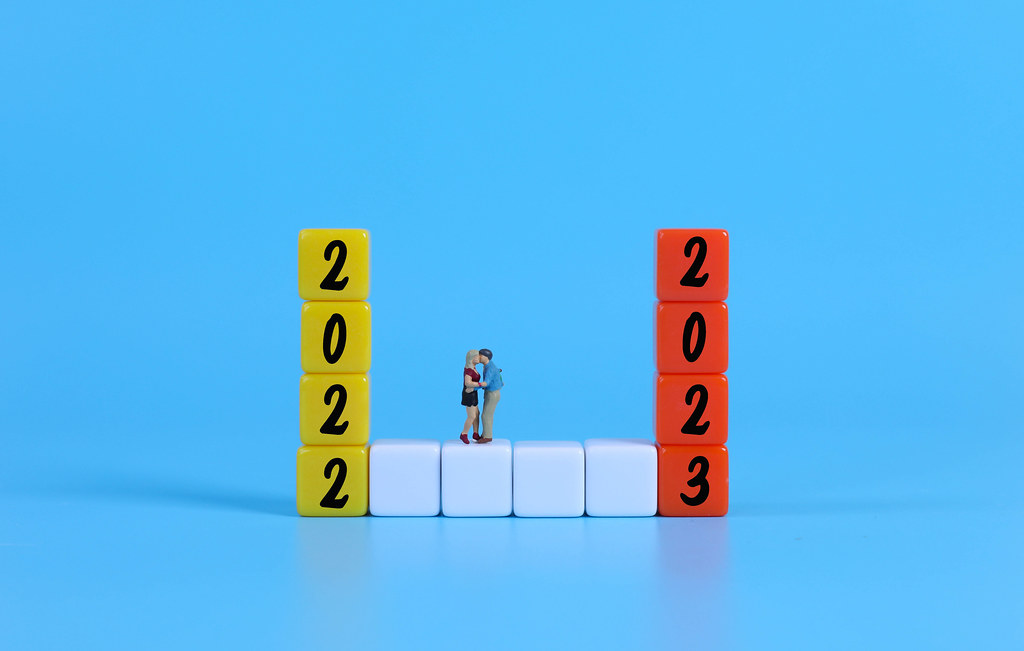 Miniature couple dancing on blocks with 2022 and 2023 text