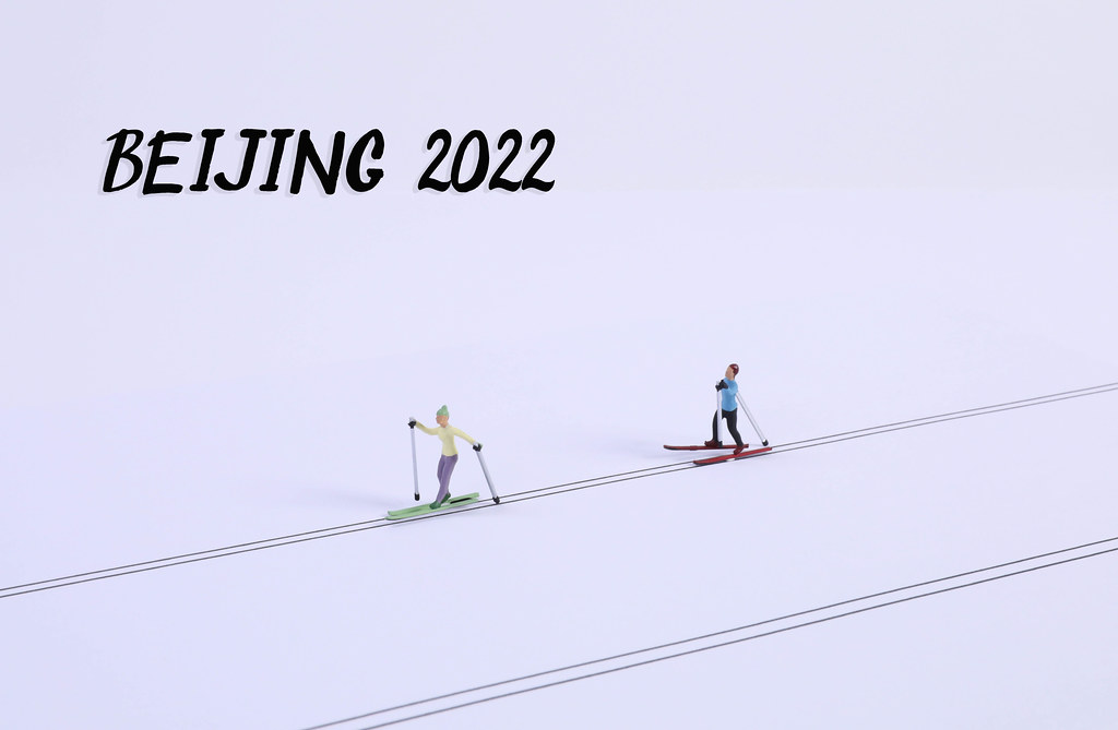 Miniature ski runners with Beijing 2022 text
