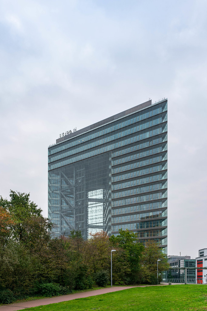 Modern glass building of NRW bank in Düsseldorf with a gap in the middle