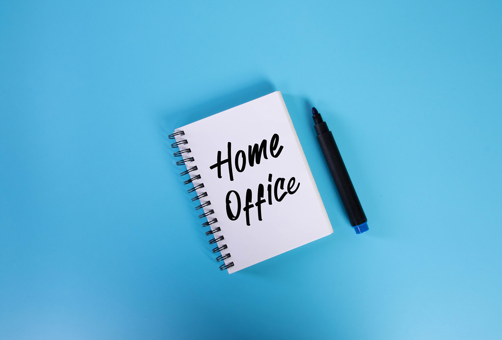 Notebook with Home Office text on blue background