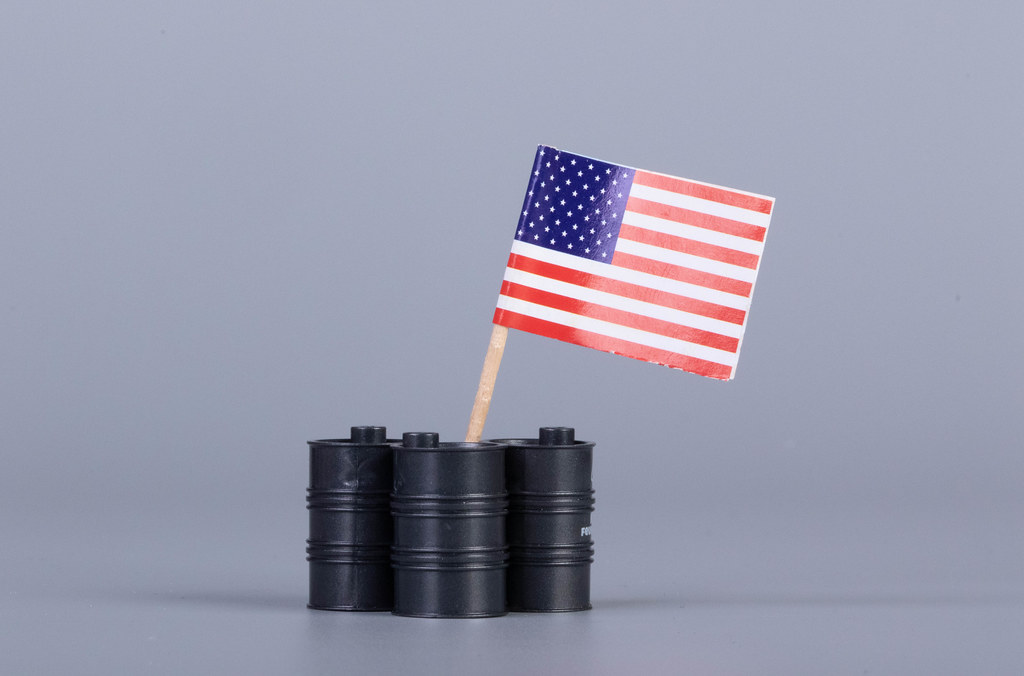 Oil barrels with flag of United States of America