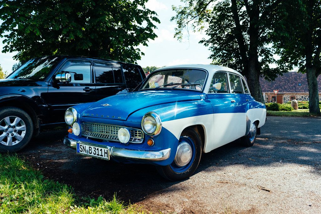 Old retro car from East German manufacturer Wartburg parked in German countryside