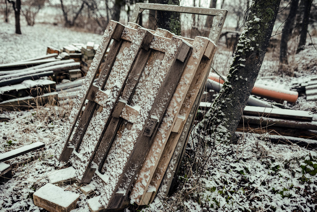 Old Wooden Pallets Outdoors Winter