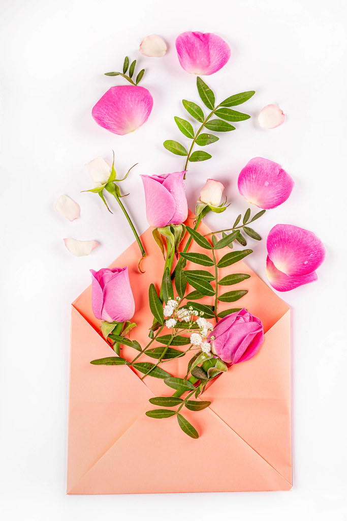 Open envelope with flowers and petals on a white background