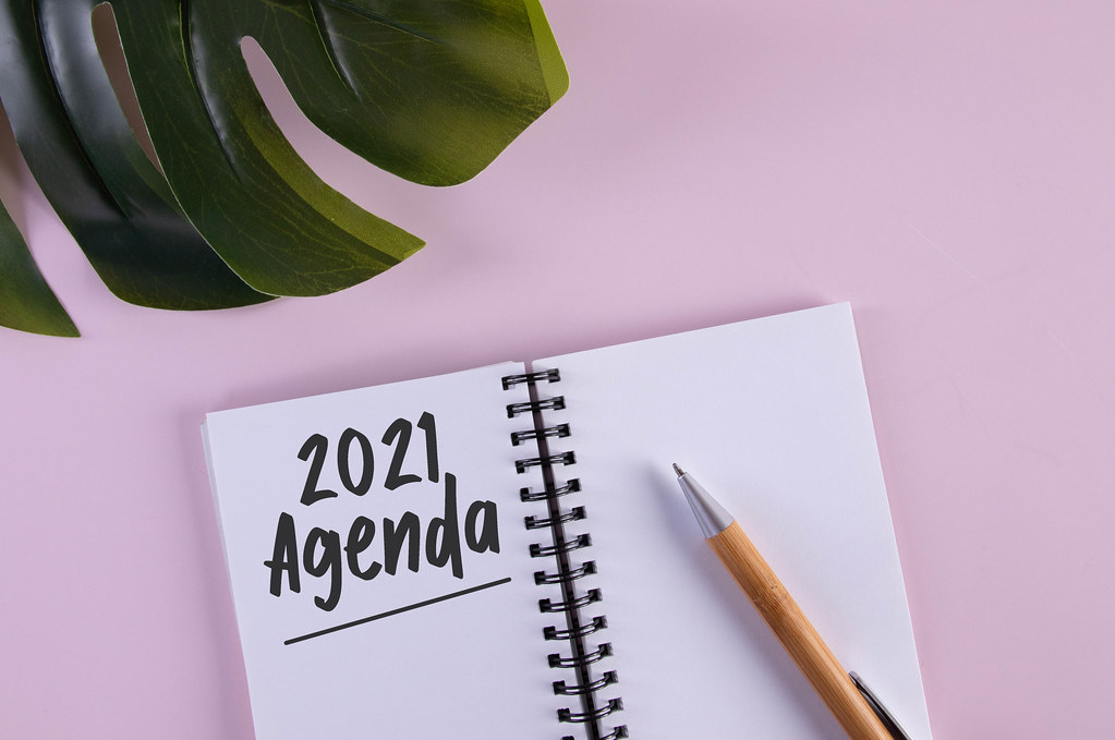 Open notebook with 2021 Agenda text