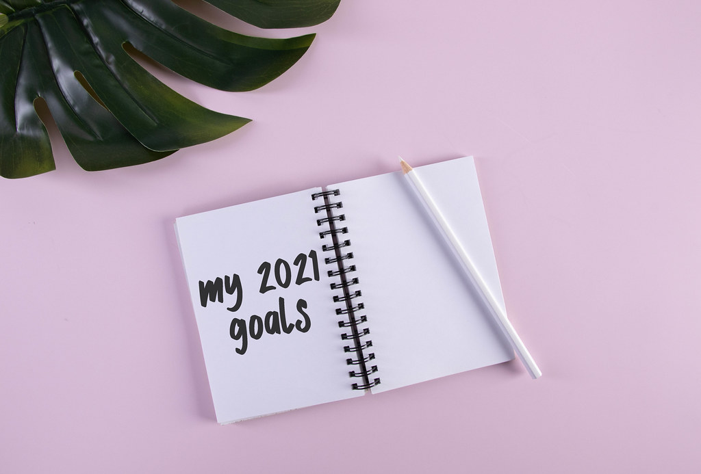 Open notebook with My 2021 Goals text