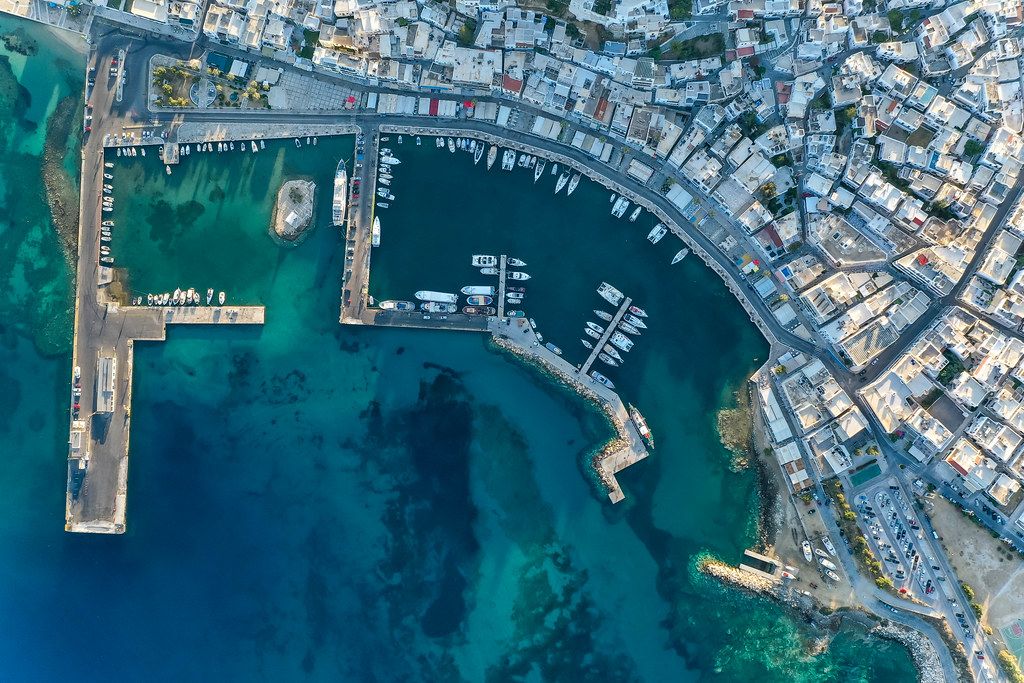 Overhead shot of the piers and the harbour of Naxos City, main port of the island in the Cyclades, Greece