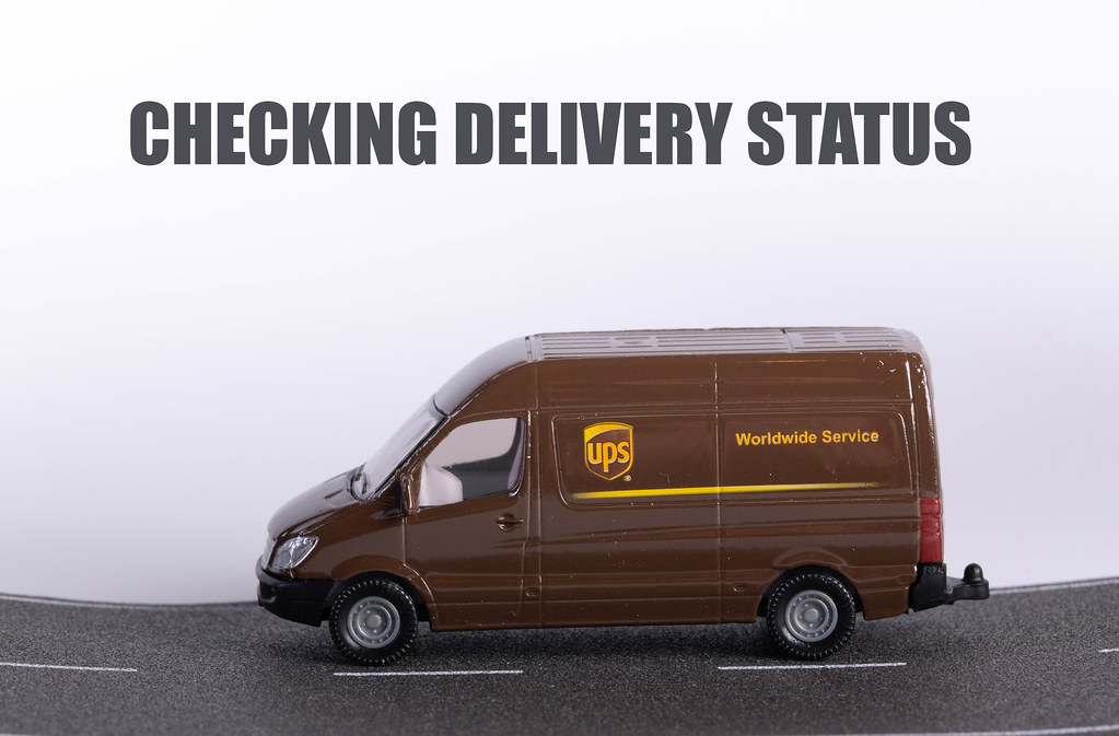 Package Delivery Truck with Checking delivery status text