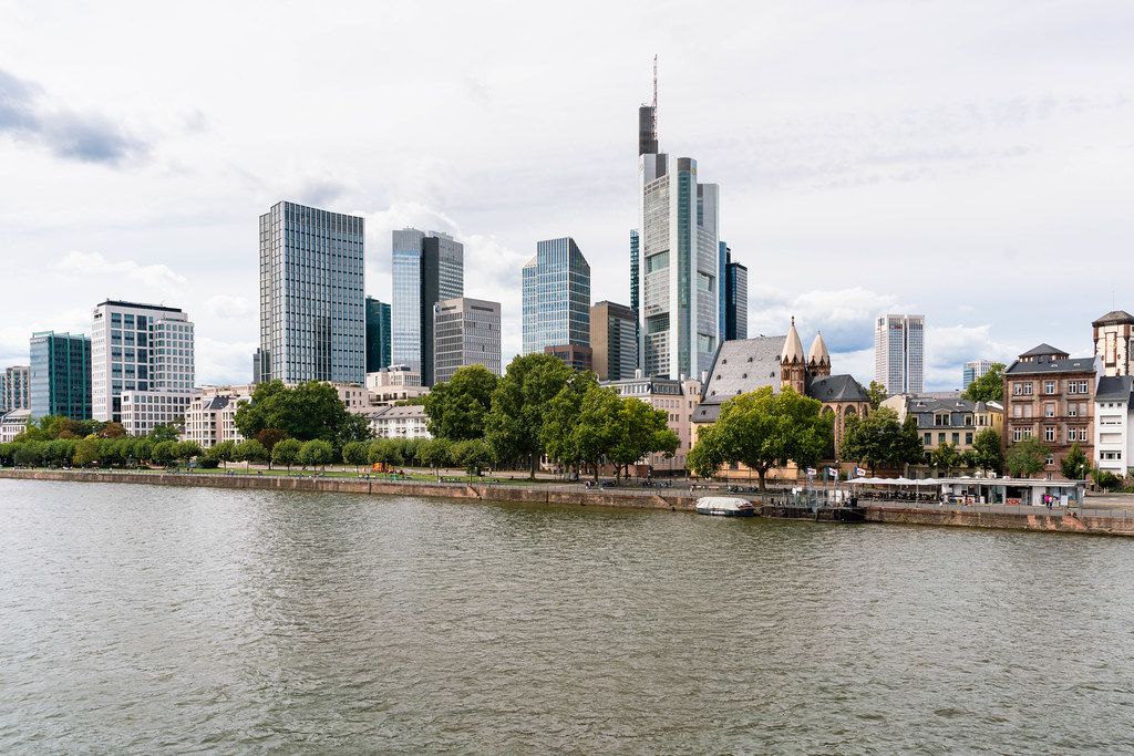 Panorama of Frankfurt, Germany downtown with modern skyscrapers of different banks headquarters