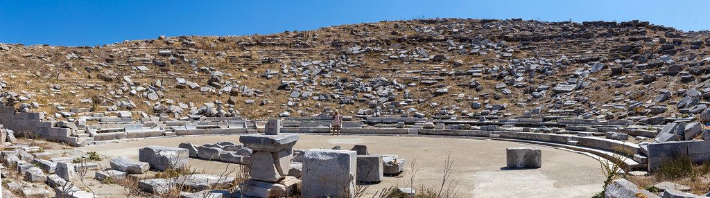 Panoramic photo of the ancient theatre of Delos, one of the most important archeological sites in Greece