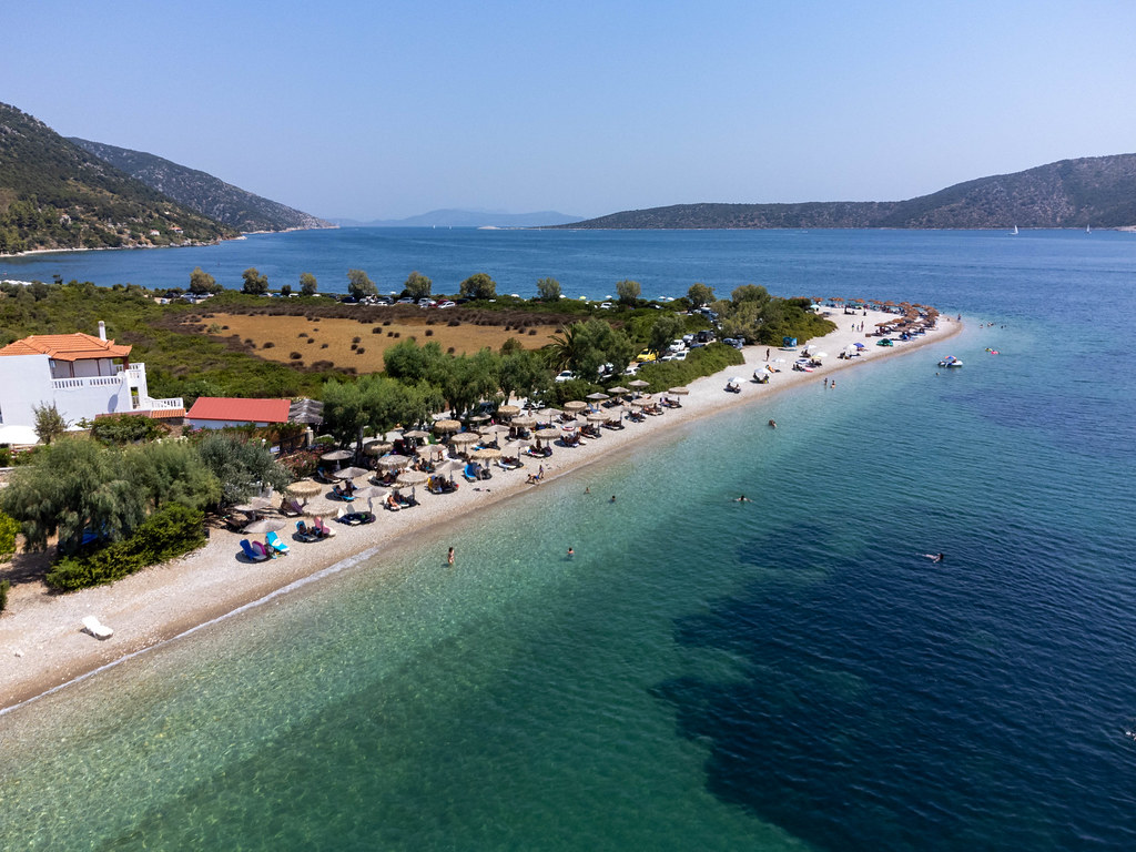 Paralia Agios Dimitrios: stunning pebble beach with transparent waters on Alonissos. Aerial view