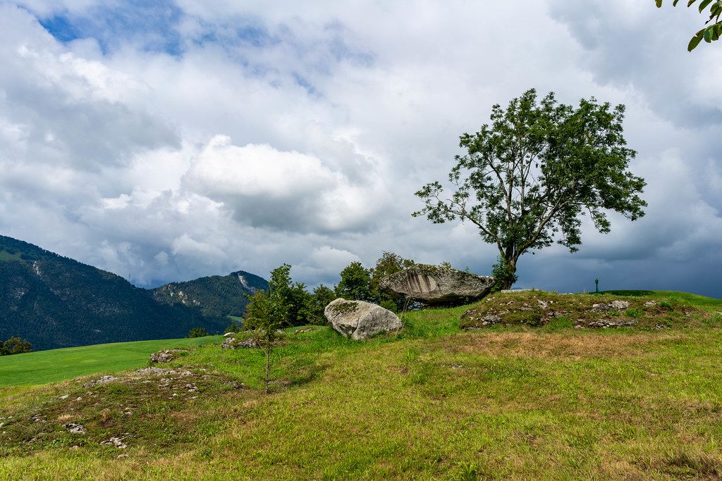 Peculiar druid rock with a picturesque tree in Swiss mountains