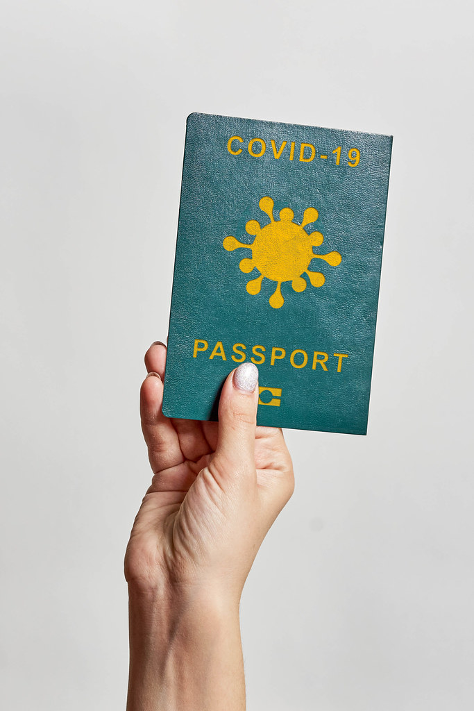 Person hands holding a COVID-19 passport