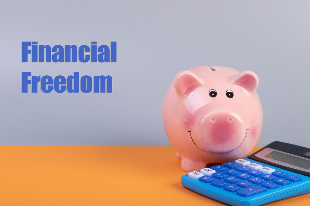 Piggybank with calculator and Financial Freedom text