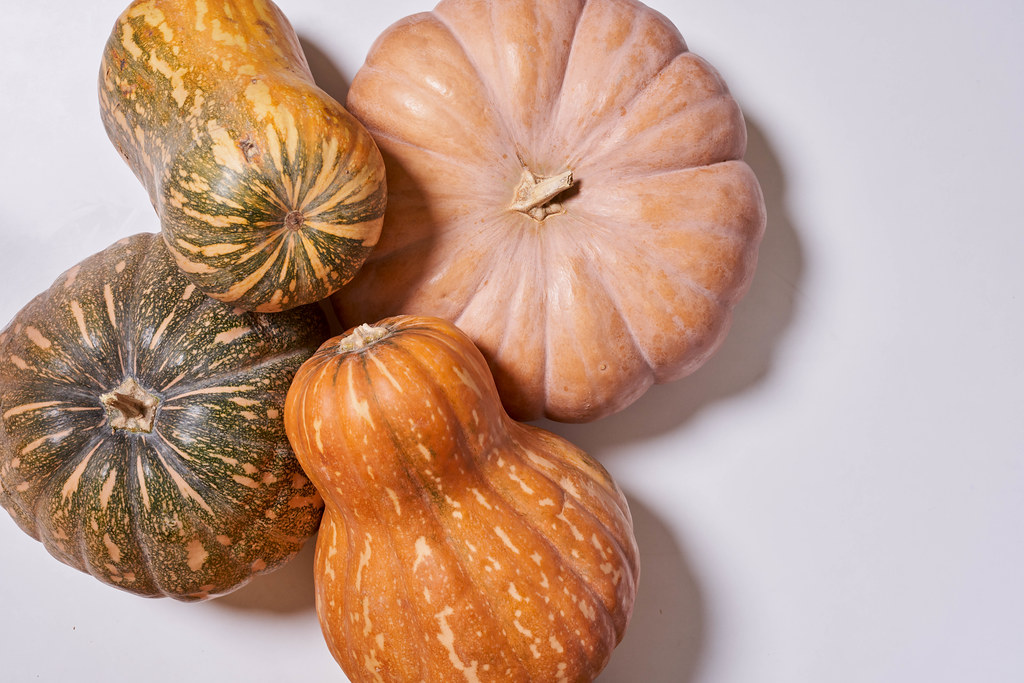 Pile of various pumpkins on white background