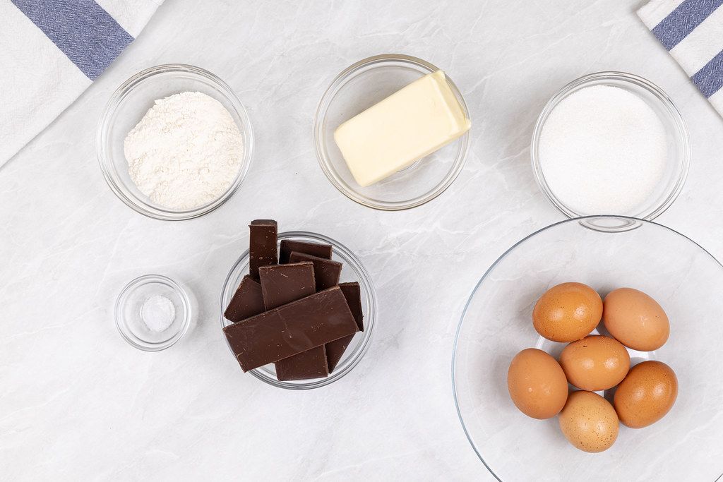 Raw ingredients for Chocolate Cake with Butter Flour Sugar