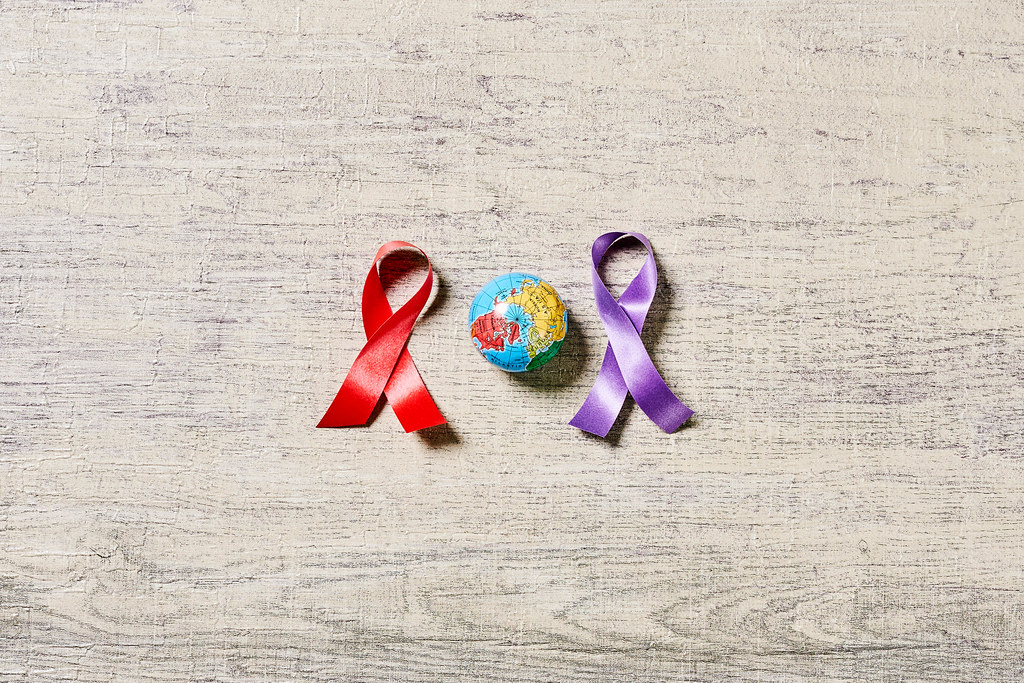 Ribbons and miniature globe - World cancer day