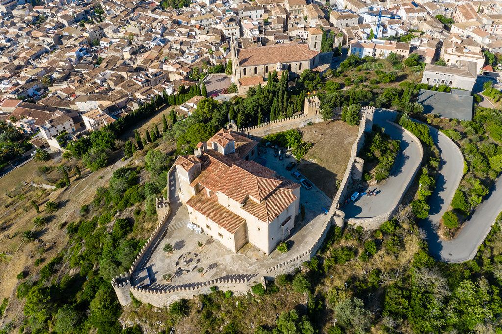 Sanctuary of Sant Salvador and parish church of the Transfiguration of the Lord in Artà, aerial view