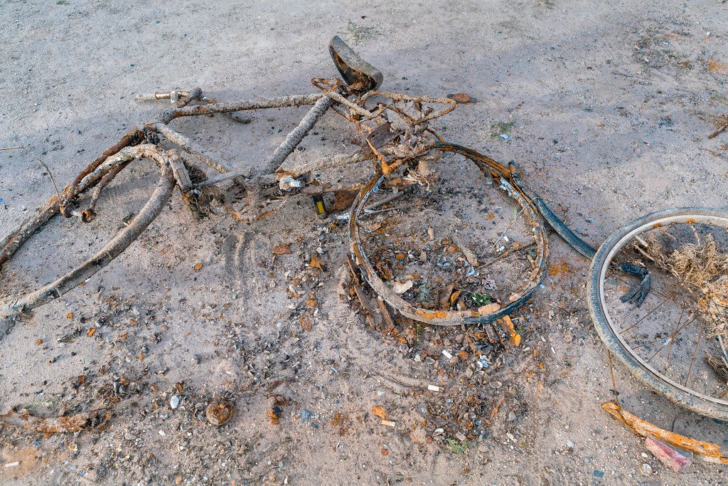 Scraps of a bicycle that was destroyed by corrosion being underwater