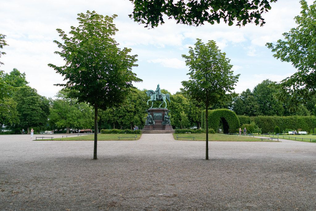 Sideview of Grand Duke of Mecklenburg-Schwerin statue in his former castle’s garden