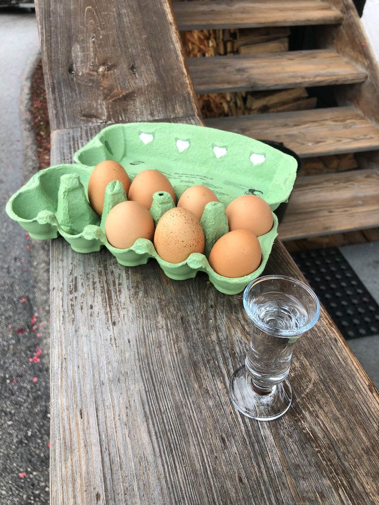 Sieben frische Eier im Karton, direkt vom Bauern gekauft in Tyrol, Österreich