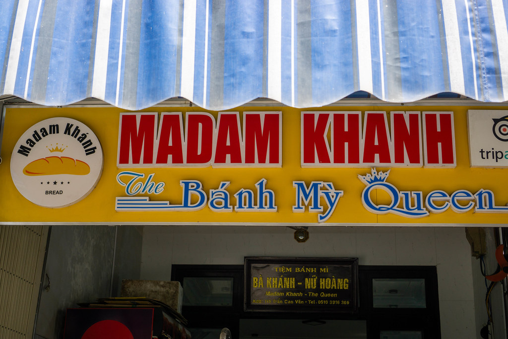 Signboard of Madam Khanh The Banh My Queen Restaurant selling the famous Banh Mi Sandwiches in Hoi An, Vietnam