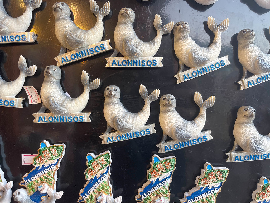 Souvenir of Alonnisos: fridge magnets in the shape of recently killed seal Kostis, mascot of the island