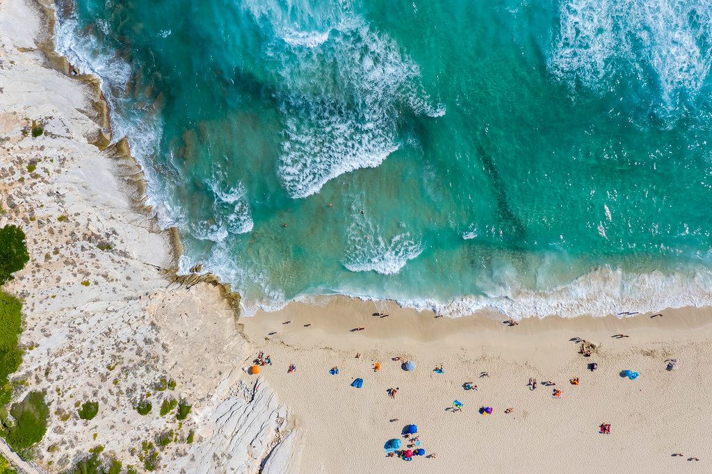 Summer 2020, aerial view of holidaymakers on a sandy beach in Mallorca. Cala Mesquida, Capdepera