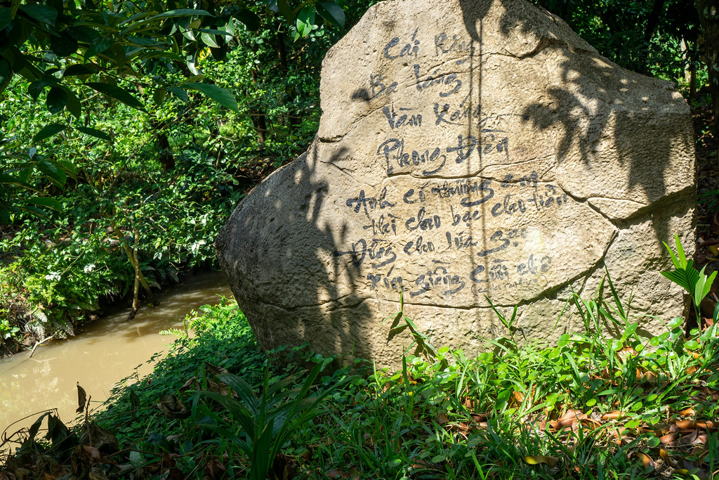 Sun shining on Vietnamese Words on a Rock next to a Small River in a Forest in the Mekong Delta, Vietnam