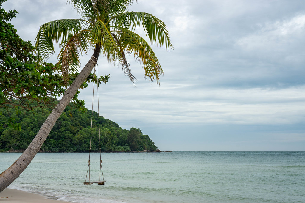 Swing hanging on a Palm Tree reaching out to the Sea at Sao Beach on Phu Quoc Island, Vietnam
