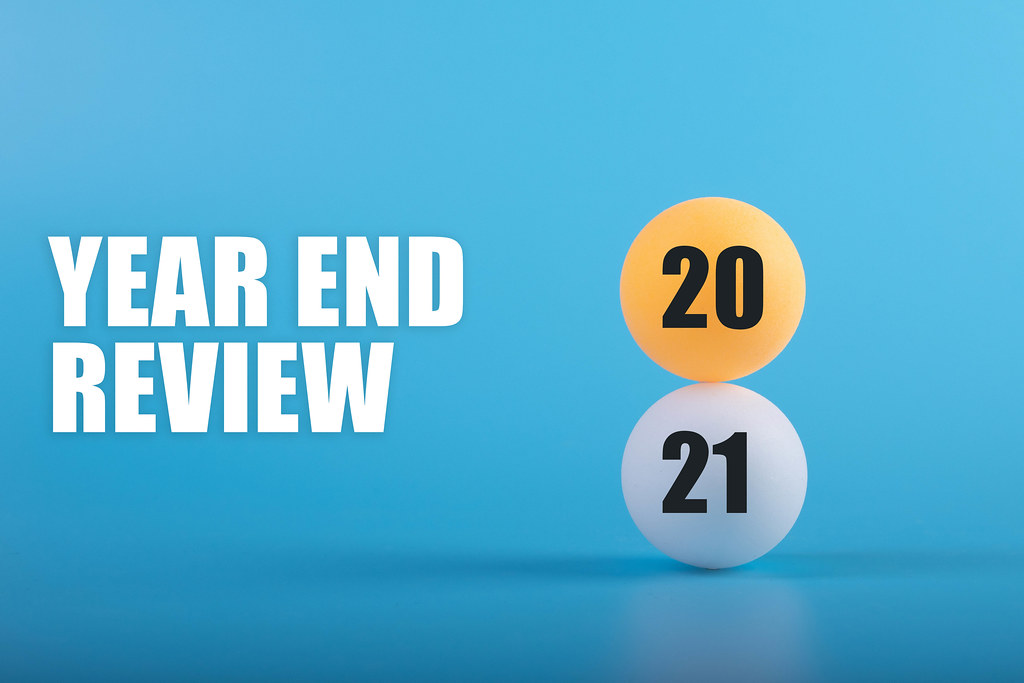 Table tennis balls with 2021 Year End Review text