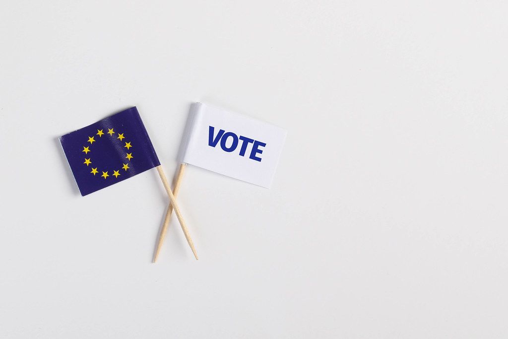 The European flag and white flag with vote text