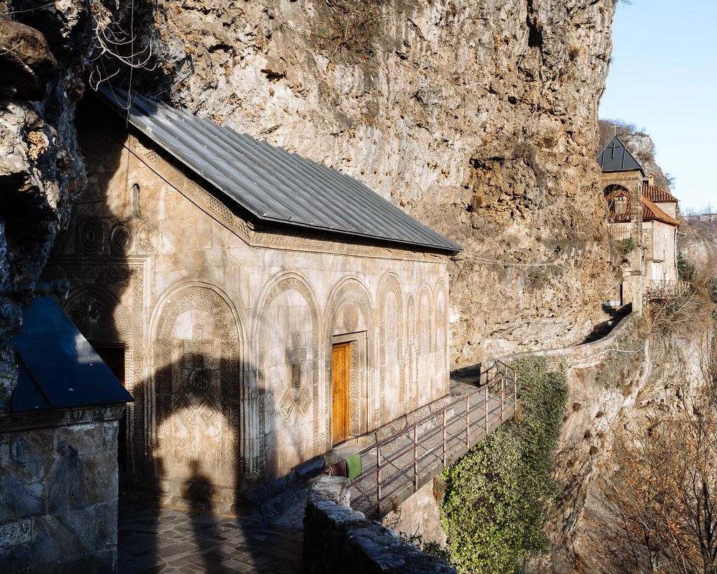 The Mghvimevi monastery craved out of the cliff near the mining town of Chiatura in western Georgia