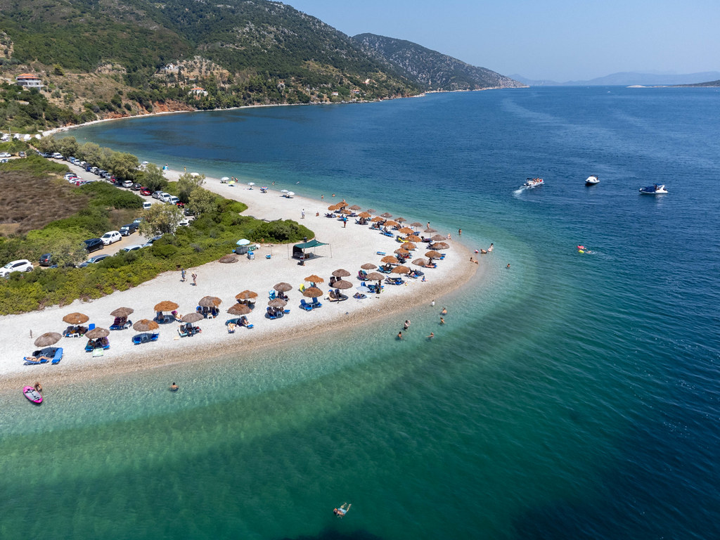 The two sides of Agios Dimitrios beach offer two different types of seabed. Aerial view of horseshoe beach