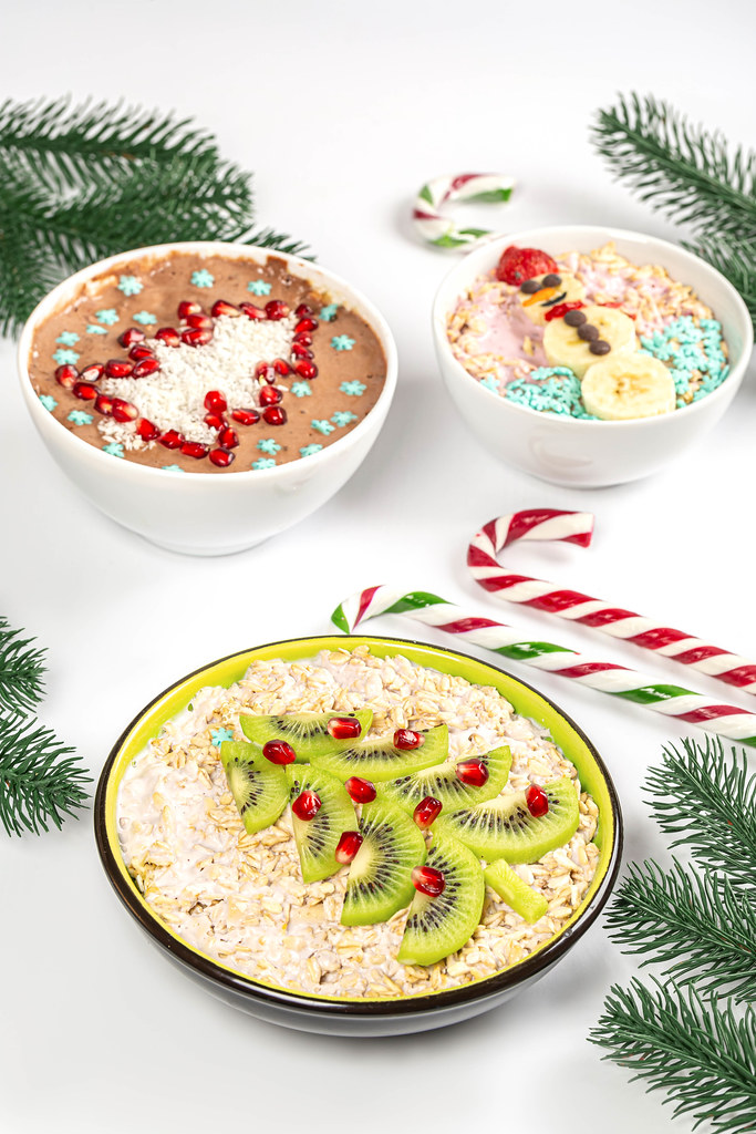 Three bowls of oatmeal for christmas breakfast