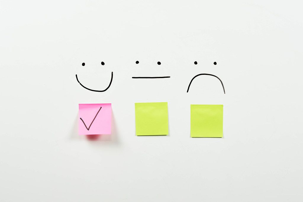 Three smiles on the whiteboard for rating the products or services. Customer review, feedback and satisfaction concepts