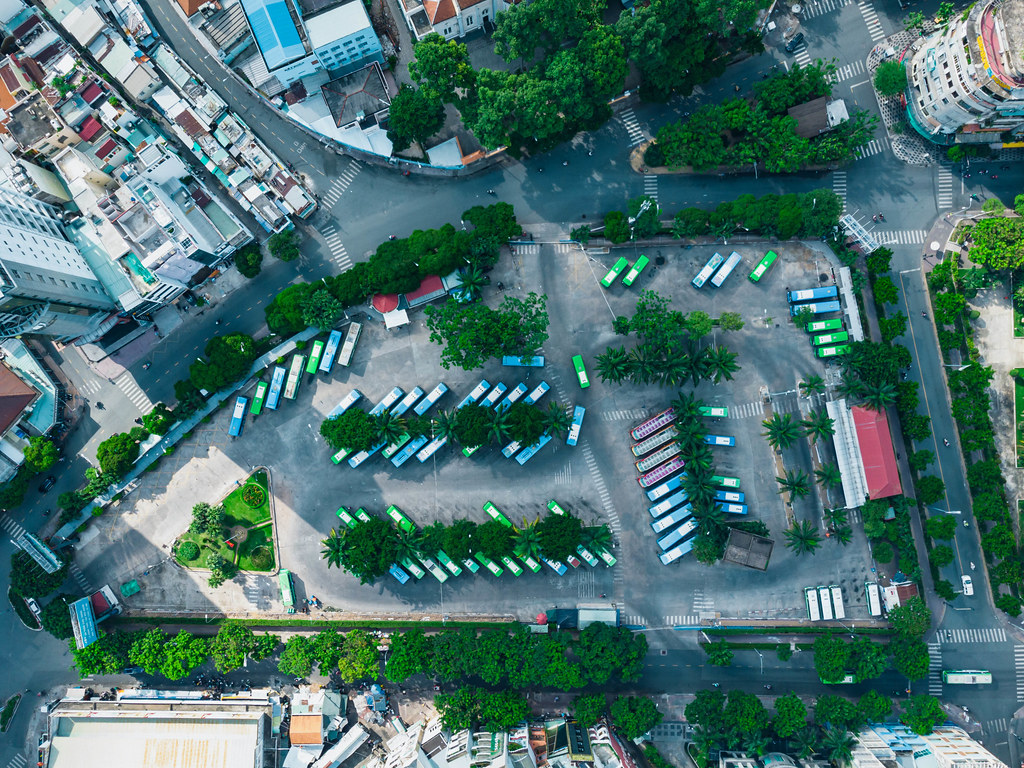Top View Drone Photo of a large Bus Station at 23/9 Park in the City Center in District 1 in Ho Chi Minh City, Vietnam