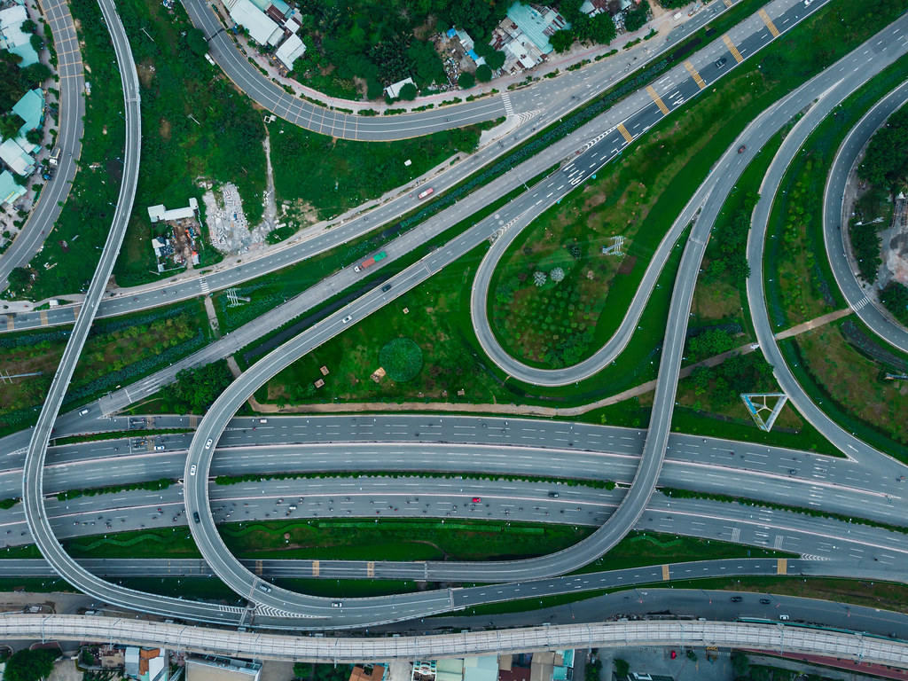 Top View Drone Photo of Spaghetti Junction with several Bridges and Lanes in An Phu, District 2 in Ho Chi Minh City, Vietnam